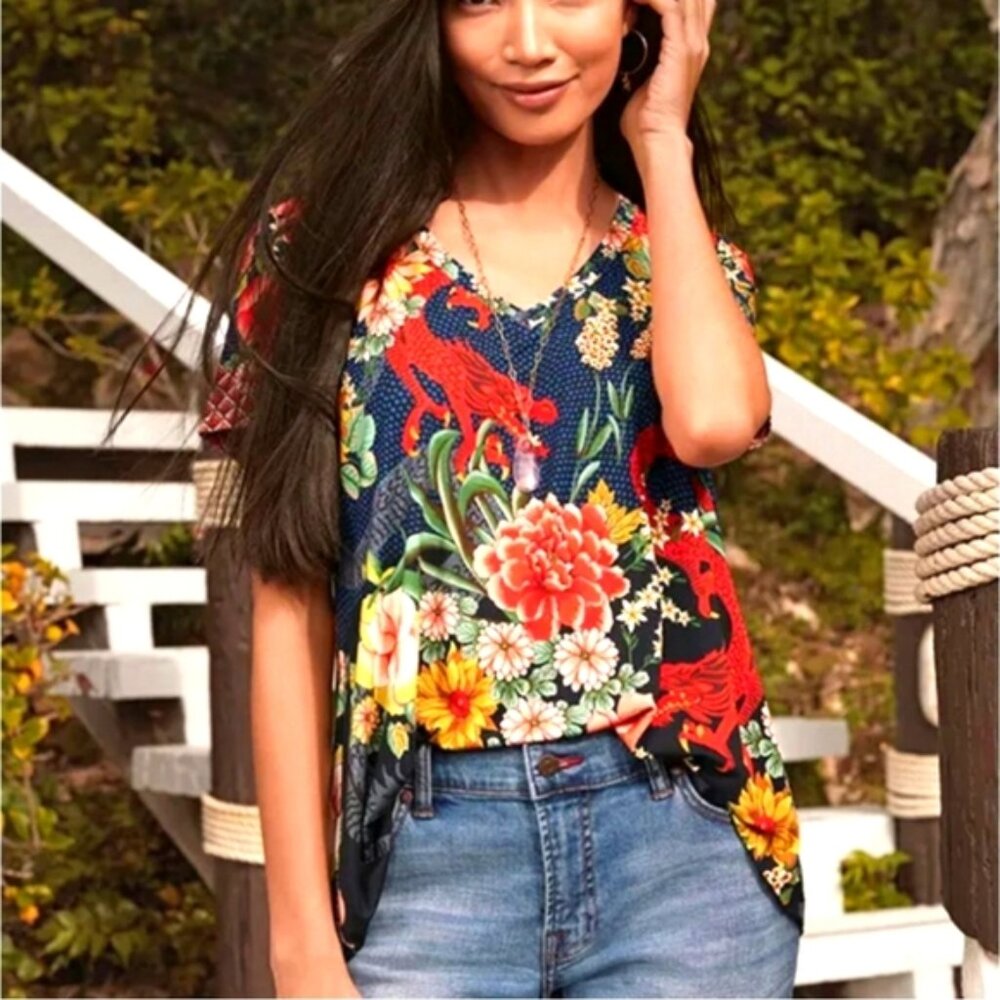 Nwt Johnny Was Dragona Multicolor Swing Short Sleeve Tee Size Medium